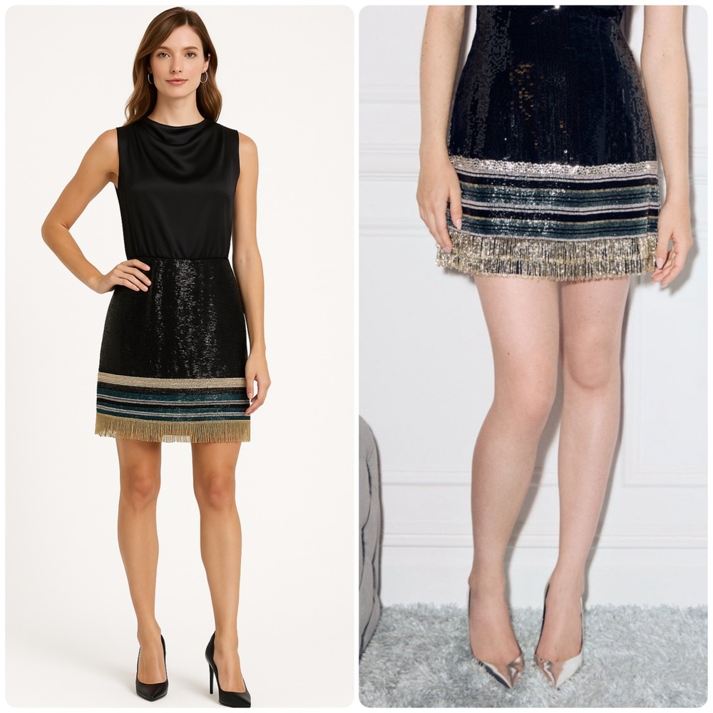 New! Alice + Olivia Augustine Black + Gold Beaded Fringe Mini Dress Small Rare